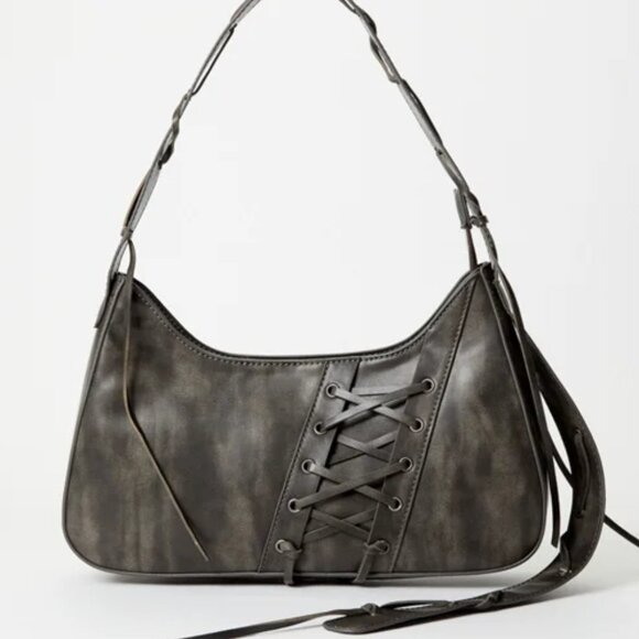 Handbags - Laced-Up Detail Shoulder Bag Distressed Black